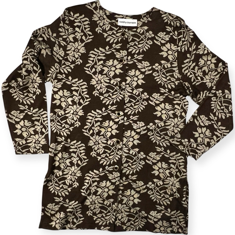 Vtg Women's Tapestry Type Long Jacket, Tan & Brown, Small Gold/black Buttons
